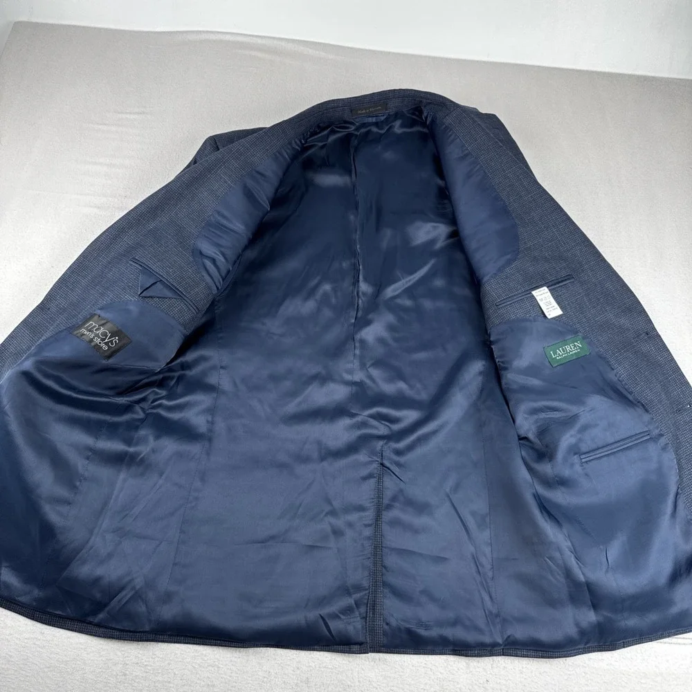 Lauren Ralph Lauren Mens Navy Blue Houndstooth Sport Coat 42L Blazer Office